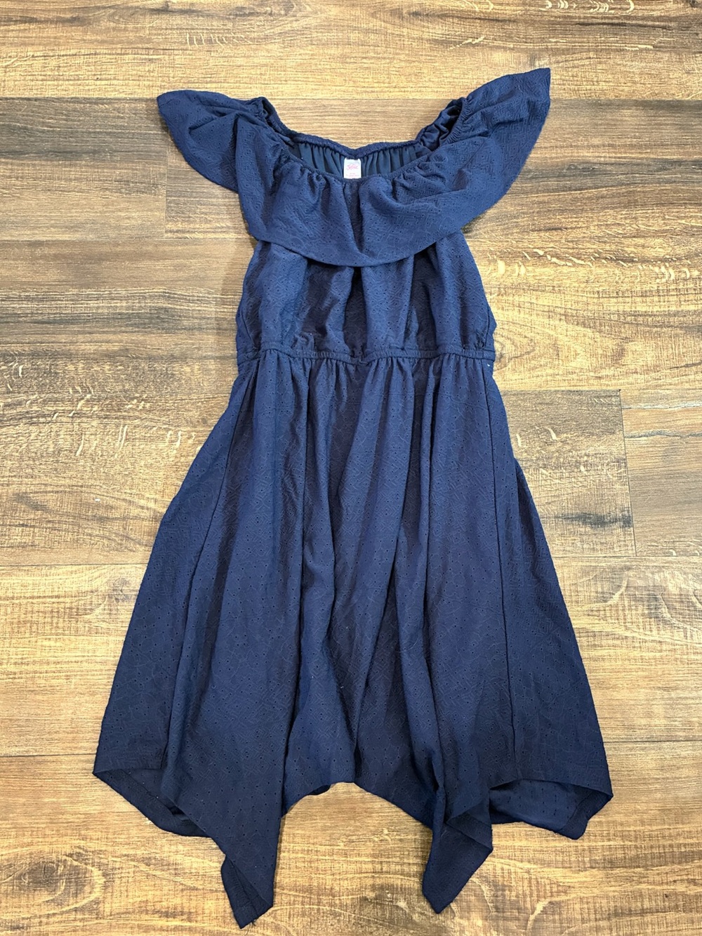 Justice Girls Navy Off-the-Shoulder Ruffle Handkerchief Hem Dress
